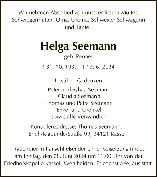 Todesanzeige von Helga Seemann von HNA