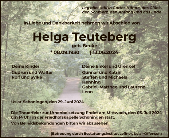 Todesanzeige von Helga Teuteberg von HNA