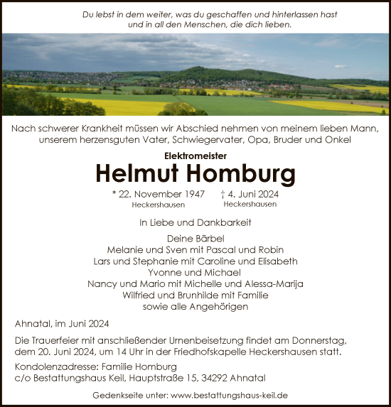 Todesanzeige von Helmut Homburg von HNAHNA