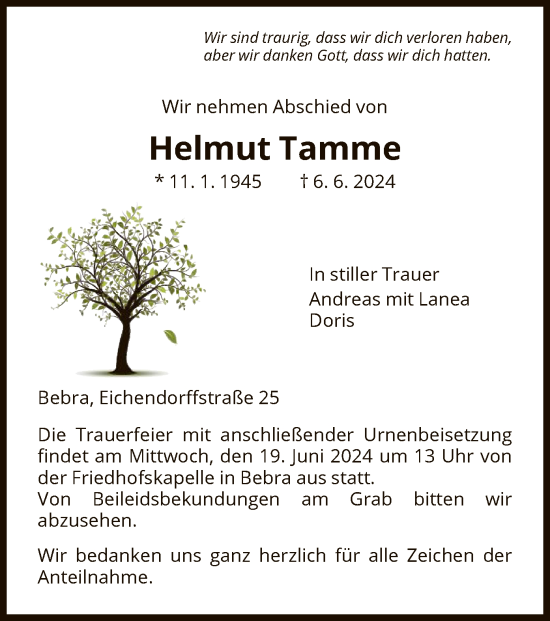 Todesanzeige von Helmut Tamme von HNA