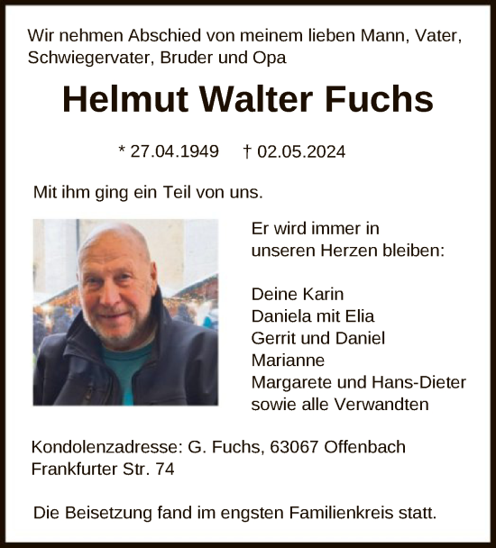 Todesanzeige von Helmut Walter Fuchs von HNA