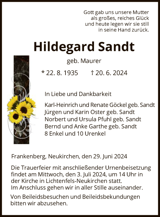 Todesanzeige von Hildegard Sandt von HNAWLZ