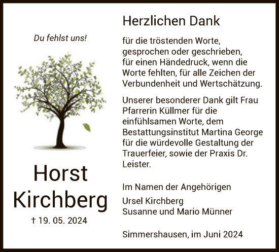 Todesanzeige von Horst Kirchberg von HNA