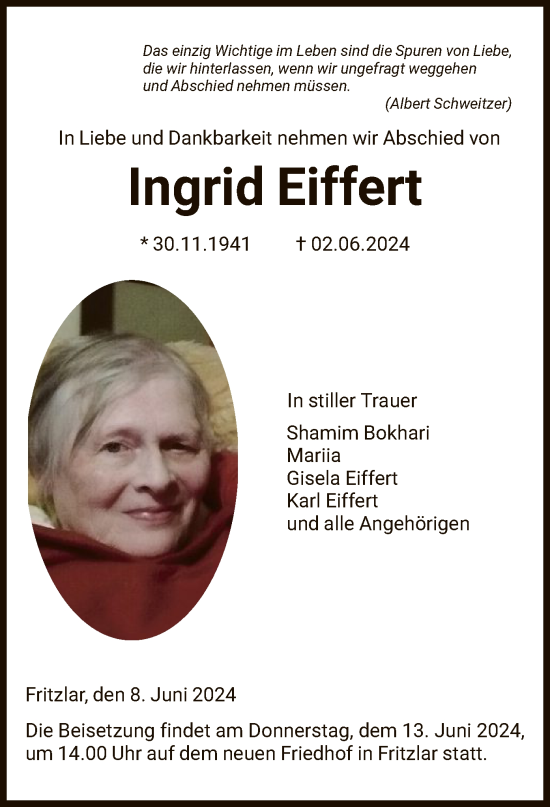 Todesanzeige von Ingrid Eiffert von HNA