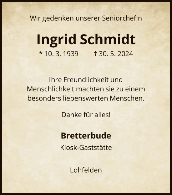 Todesanzeige von Ingrid Schmidt von HNA