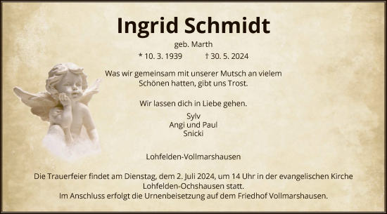 Todesanzeige von Ingrid Schmidt von HNA