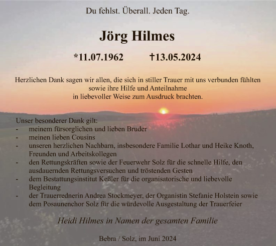 Todesanzeige von Jörg Hilmes von HNA