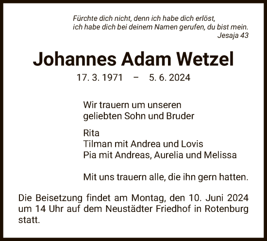 Todesanzeige von Johannes Adam Wetzel von HNA