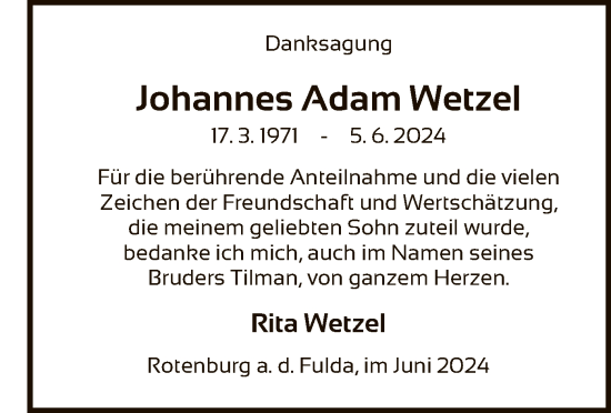 Todesanzeige von Johannes Adam Wetzel von HNA