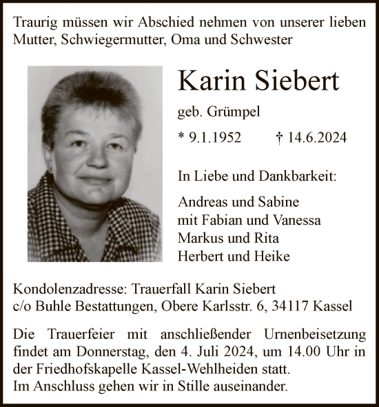 Todesanzeige von Karin Siebert von HNA