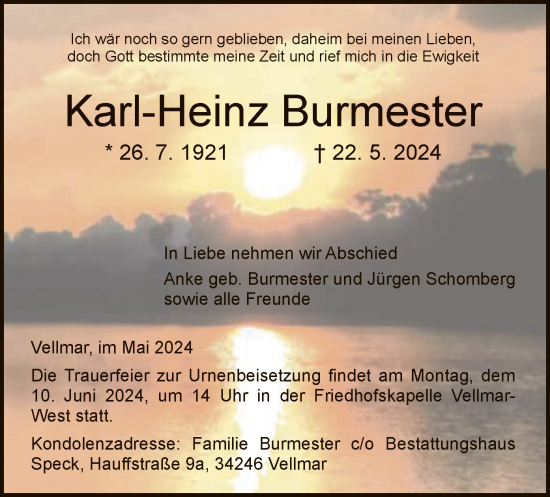 Todesanzeige von Karl-Heinz Burmester von HNA