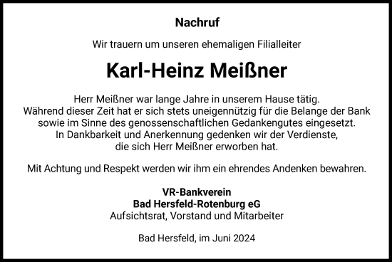 Todesanzeige von Karl-Heinz Meißner von HNA