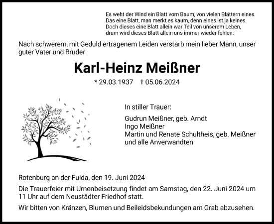 Todesanzeige von Karl-Heinz Meißner von HNA