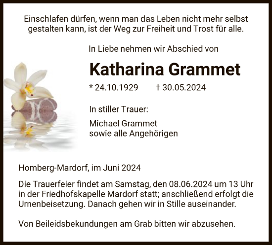 Todesanzeige von Katharina Grammet von HNA