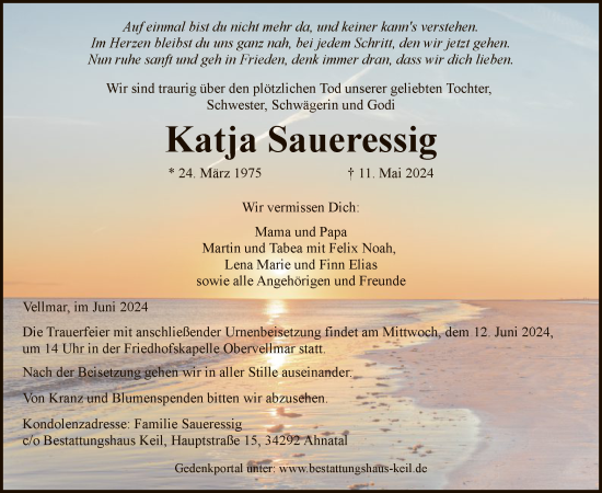 Todesanzeige von Katja Saueressig von HNA