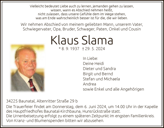 Todesanzeige von Klaus Slama von HNAHNAHNA
