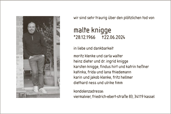 Todesanzeige von Malte Knigge von HNA