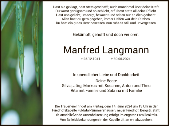 Todesanzeige von Manfred Langmann von HNA