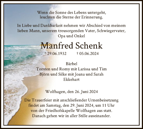 Todesanzeige von Manfred Schenk von HNA