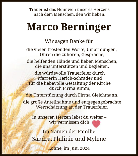 Todesanzeige von Marco Berninger von HNA