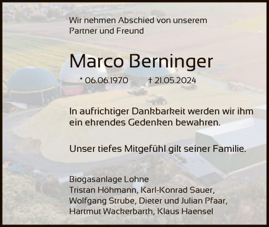 Todesanzeige von Marco Berninger von HNA