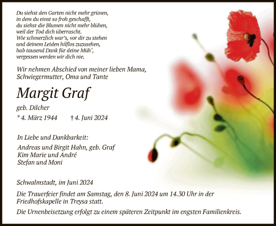 Todesanzeige von Margit Graf von HNA