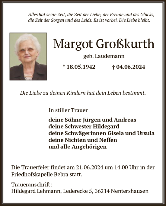 Todesanzeige von Margot Großkurth von HNA