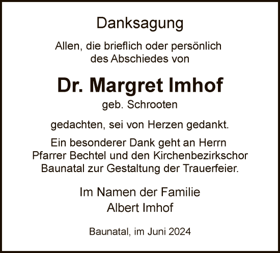 Todesanzeige von Margret Imhof von HNA