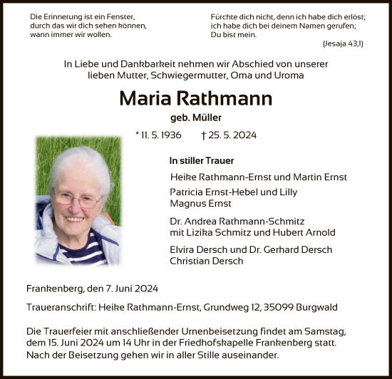 Todesanzeige von Maria Rathmann von HNA