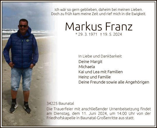 Todesanzeige von Markus Franz von HNA