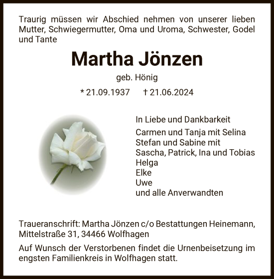 Todesanzeige von Martha Jönzen von HNA