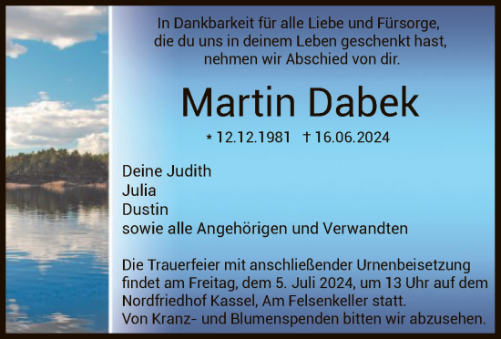 Todesanzeige von Martin Dabek von HNA