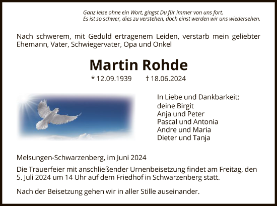 Todesanzeige von Martin Rohde von HNA