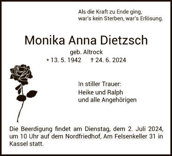 Todesanzeige von Monika Anna Dietzsch von HNA