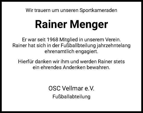 Todesanzeige von Rainer Menger von HNA