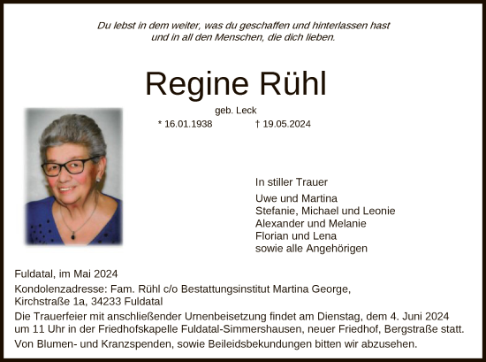 Todesanzeige von Regine Rühl von HNA