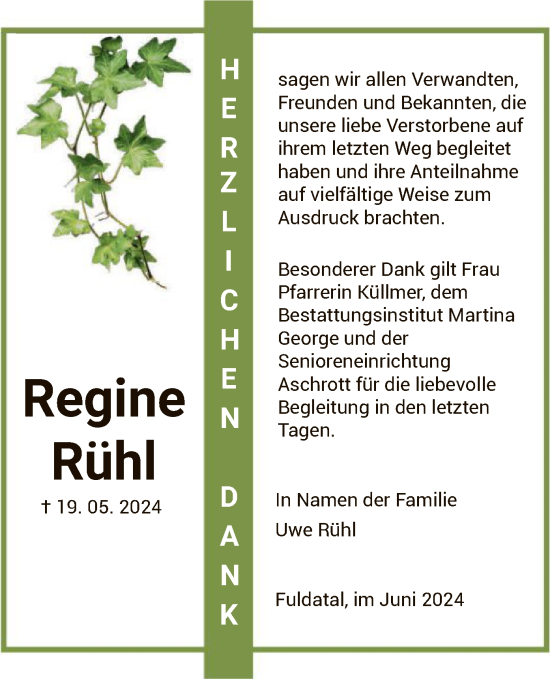 Todesanzeige von Regine Rühl von HNA