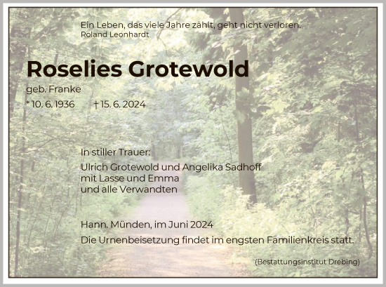 Todesanzeige von Roselies Grotewold von HNA