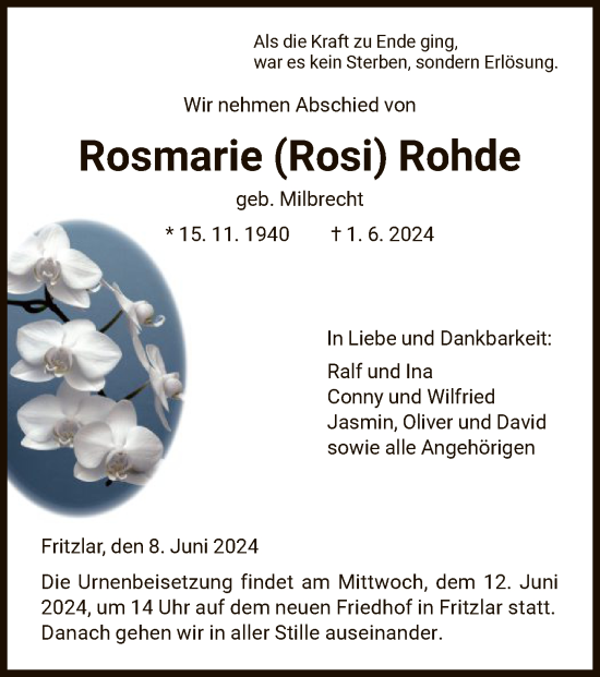 Todesanzeige von Rosmarie Rohde von HNA