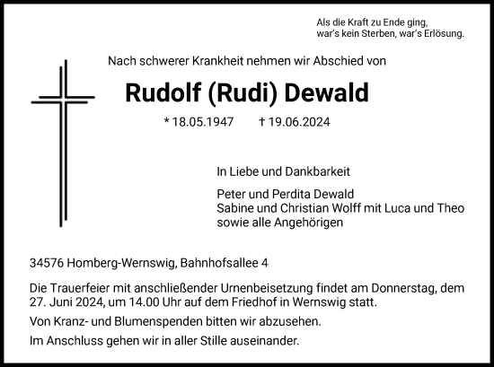 Todesanzeige von Rudolf Dewald von HNA