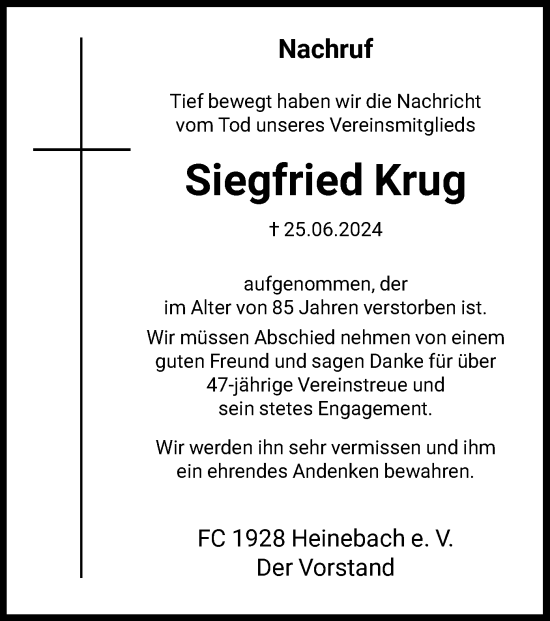 Todesanzeige von Siegfried Krug von HNA