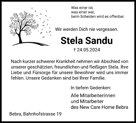 Todesanzeige von Stela Sandu von HNA