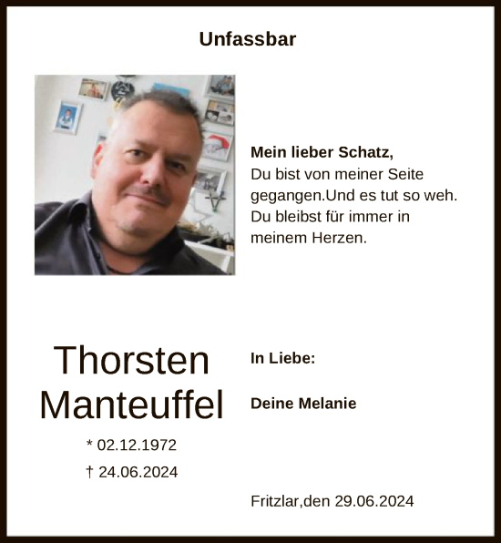 Todesanzeige von Thorsten Manteuffel von HNA