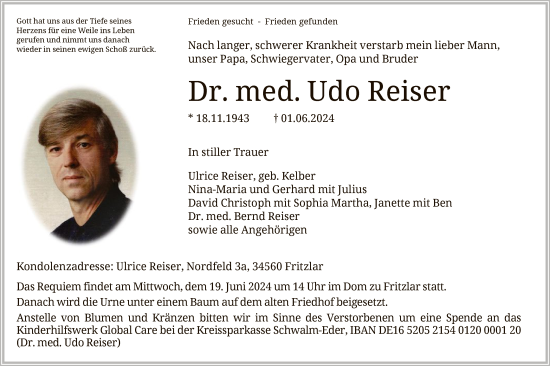 Todesanzeige von Udo Reiser von HNA