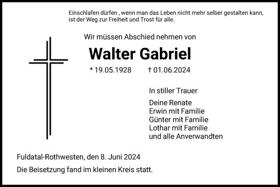 Todesanzeige von Walter Gabriel von HNA