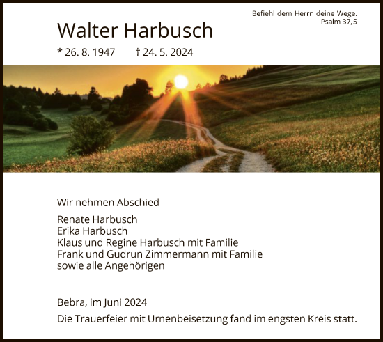 Todesanzeige von Walter Harbusch von HNA