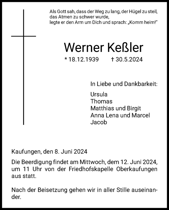 Todesanzeige von Werner Keßler von HNA