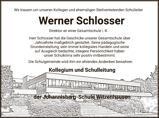Todesanzeige von Werner Schlosser von HNA