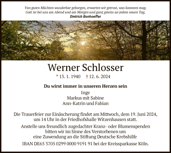 Todesanzeige von Werner Schlosser von HNA