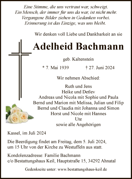 Todesanzeige von Adelheid Bachmann von HNA